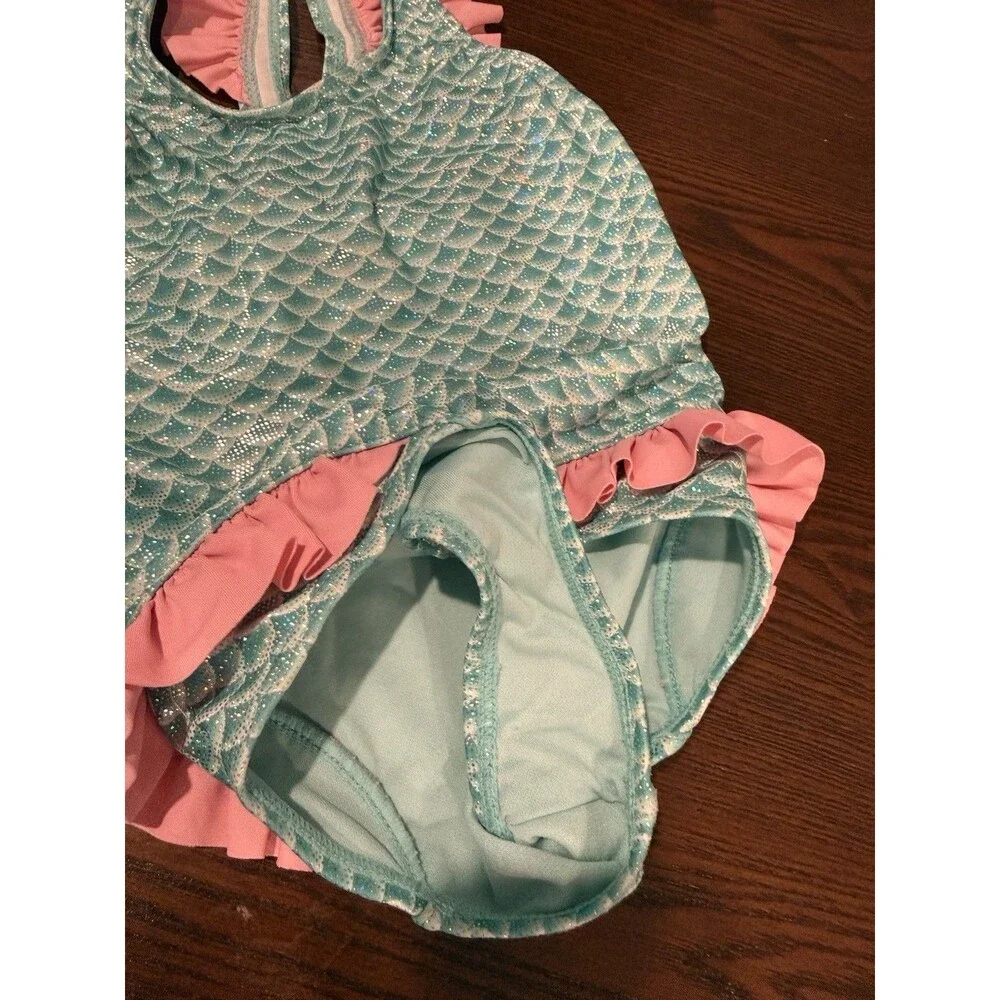 Sweet Pineapple Mermaid Scale One-Piece Swim Size 4 Blue & Pink Ruffled Bow
